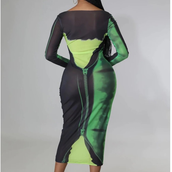 Green and Black Sheer Bodycon Dress - Picture 2 of 4